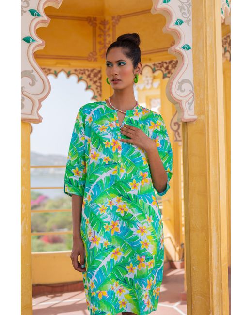 NoLoGo-chic Green Printed Linen Tunic Dress Honolulu