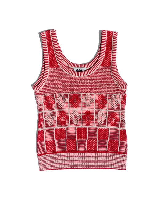 Gigi Knitwear Red Lila Flower Check Tanktop, & Natural