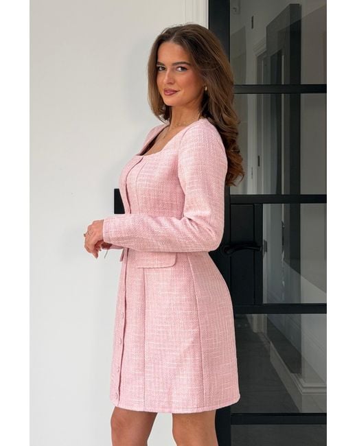 Girl In Mind Pink Flora Long Sleeve Tweed Mini Dress
