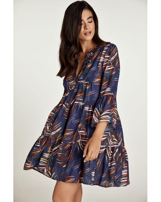 Conquista Blue Leaf Print A Line Dress With Bell Sleeves