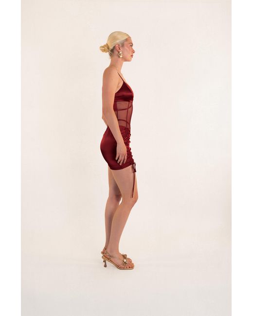 Clerestory Red Amarante Ruched Mesh-Waist Mini Dress
