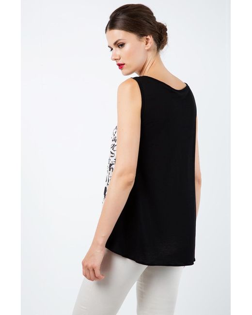 Conquista Black V Neck Print Top With Trim Detail