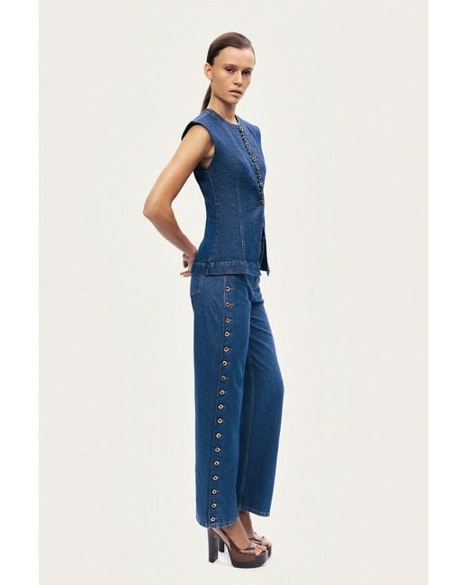 Nocturne Blue Eyelet Detail Wide-Leg Denim Pants