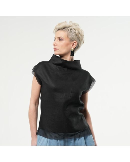 Metamorph Black Turtleneck Linen Top