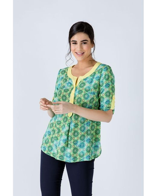 Conquista Green Print Poplin Top With Trim