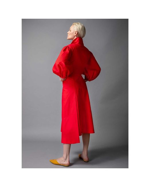 Femponiq Red Wide Lapel Asymmetric Cotton Dress