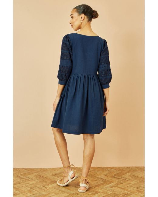 Yumi' Blue Cotton Tunic With Broderie Anglaise Puff Sleeves