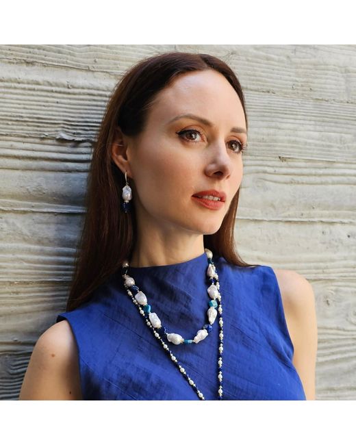 Farra Blue Baroque Pearls With Heart Shaped Lapis And Apatite Dangle Earrings