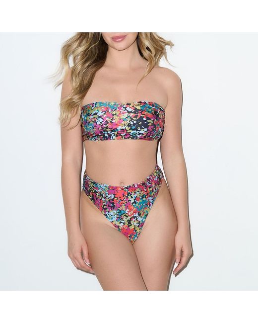 Playaluxe Red Capri Ruched Bandeau Bikini Set Confetti Floral