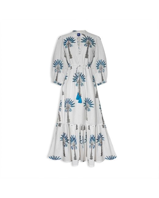 Pick Happy Blue Mermaid Maxi Dress Palm Tree Fully Lined Handblock Cotton