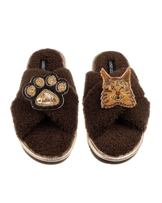 Laines London Brown Neutrals Boucle Slippers With Paw & Ginger Maine Coon Cat Brooches