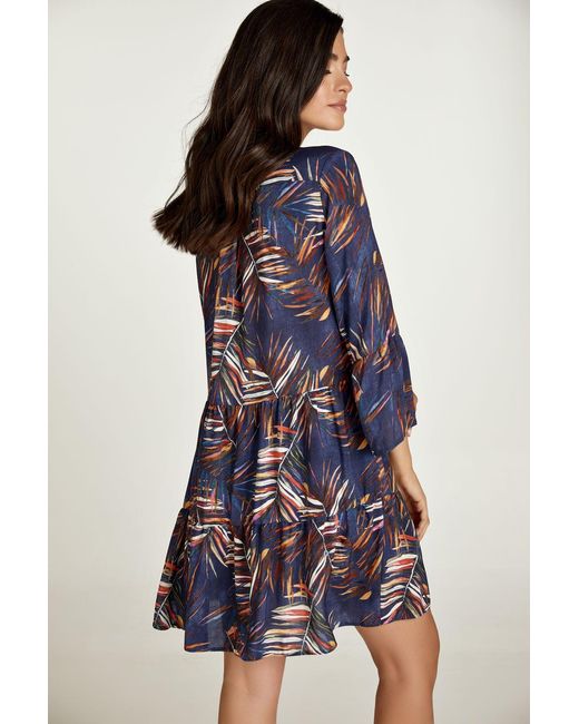 Conquista Blue Leaf Print A Line Dress With Bell Sleeves