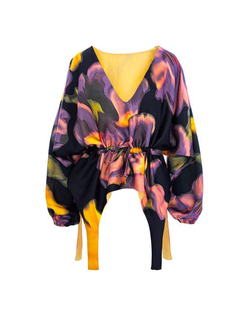 BLUZAT Blue Printed Blouse With Flared Sleeves And V-Neck