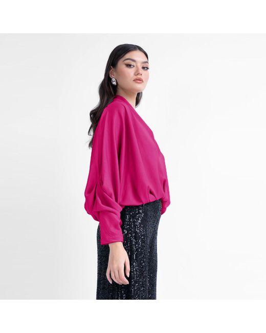 BLUZAT Pink Fuchsia Blouse With Draped Sleeves And V-Neck