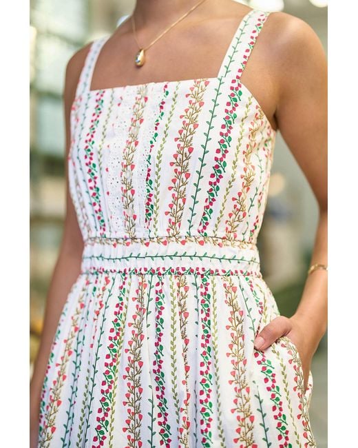 Yumi' White Botanical Stripe Midi Dress With Lace Trims