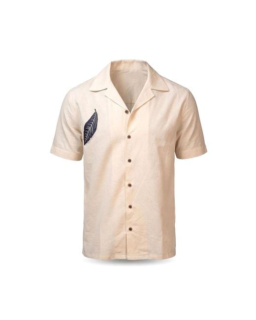 Stovaria Natural Camp Collar Half Sleeve Organic Cotton Shirt With Leaf Appliqué for men