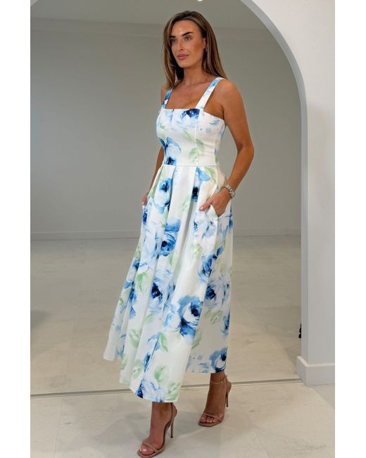 Girl In Mind Blue Heather Floral Pleated Midi Dress