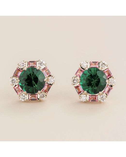 Juvetti Green Melba Emerald, Sapphire & Diamond Halo Hexagon Stud Earrings