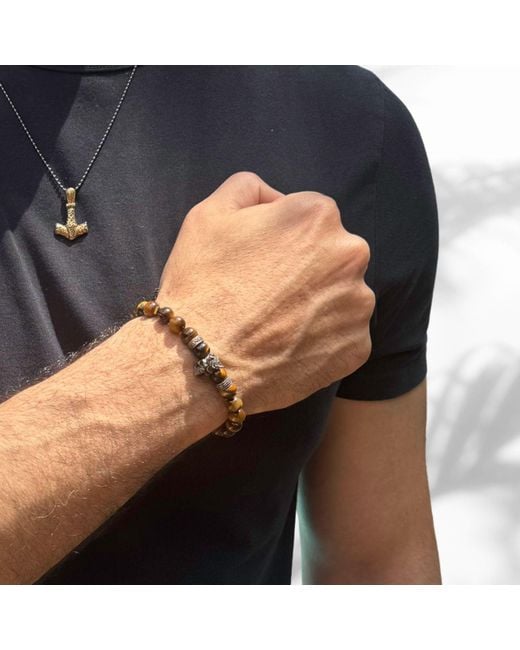 Ebru Jewelry Brown King Skull Tiger's Eye Stone Beaded Bracelet for men