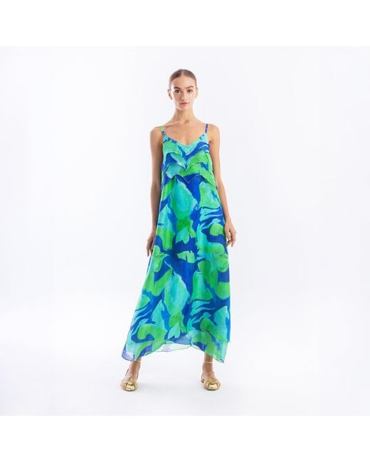 Haris Cotton Blue Printed Linen Blend Strapped Dress With Frills