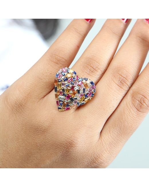 Artisan Blue 18k Gold Multi Color Baguette Sapphire & Ruby Prong Diamond Heart Shape Large Ring