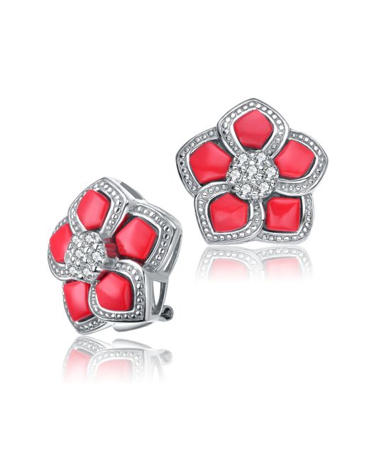 Genevive Jewelry Red Sterling Silver Cubic Zirconia Coral Flower Earrings
