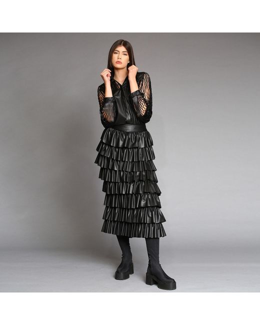 Silvia Serban Black Eco Leather Skirt With Ruffles & Adjustable Length