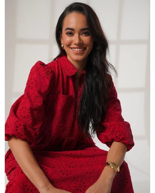 Rose & Nancy Lucille Cotton Embroidered Midi Shirt Dress