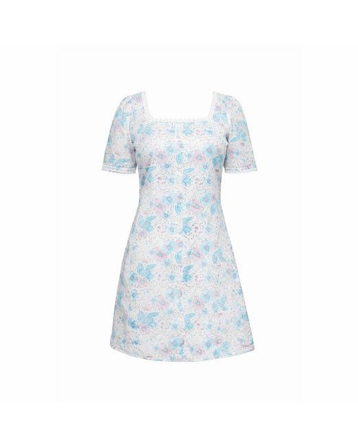 House of Gl Blue Ciela Cotton Lace-Trim Mini Dress