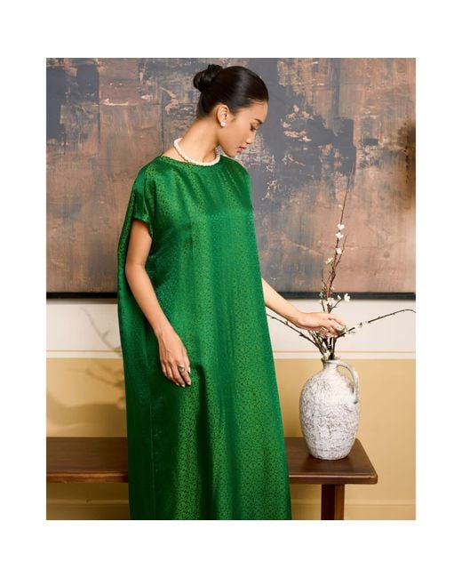 Silk and Bears Green Seraphine Emerald Jade Geometric Jacquard Silk Kaftan Maxi Dress