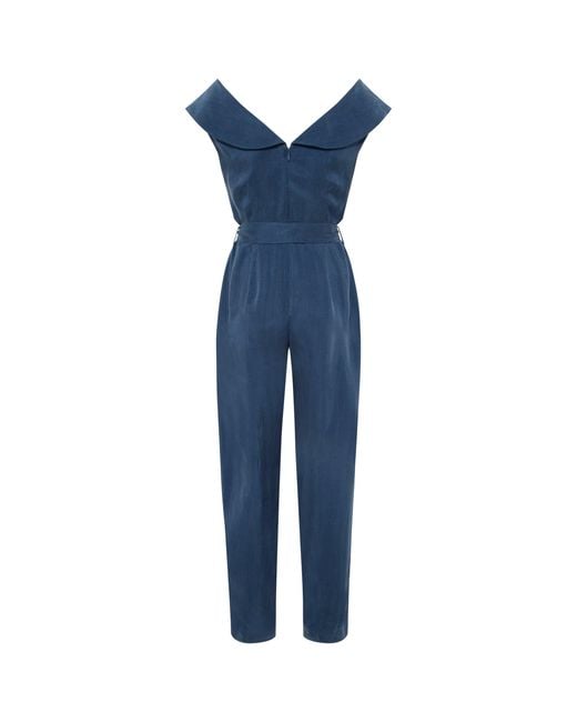 Femponiq Blue Off Shoulder Belted Vegan Jumpsuit