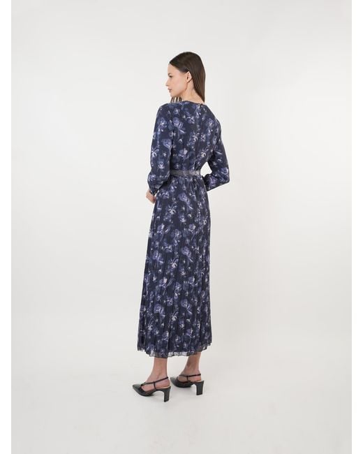 John Abgin Blue Chiffon Floral Textured Pleated Maxi Dress