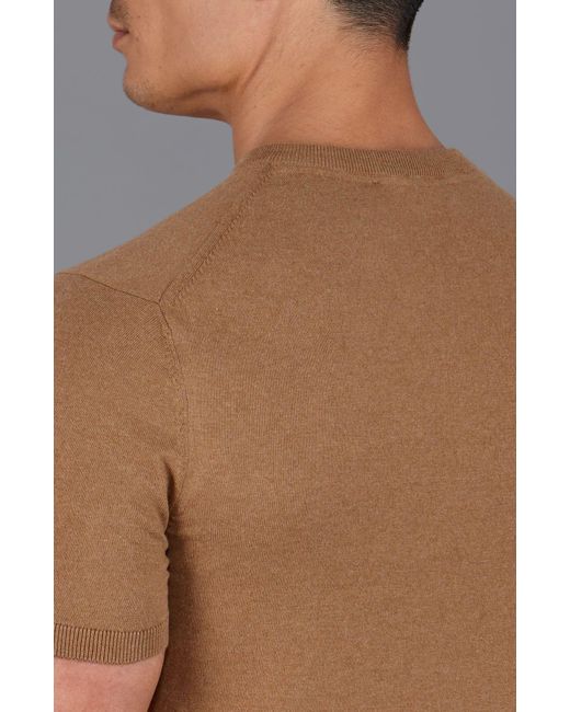Paul James Knitwear Brown Ultra Fine Cotton Hudson High V Neck Knitted T-Shirt for men