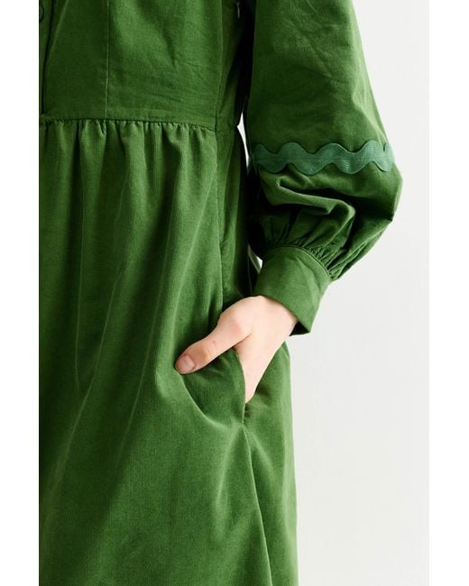 Louche Green Prudence Babycord Big Collar Ric Rac Trim Midi Dress