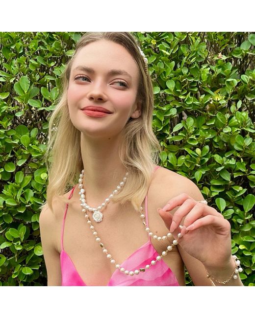Farra Metallic Freshwater Pearls With Rose Pendant Choker Necklace