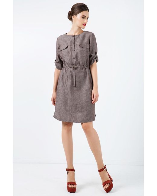 Conquista Brown Straight Linen Dress With Belt Detail