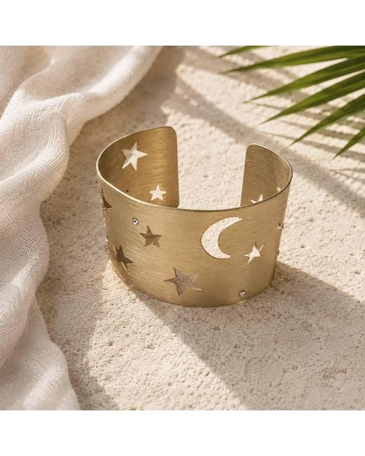 Rare Matters Jewelry Metallic Celestial Star & Moon Cut-Out Cuff Bracelet With Rhinestones