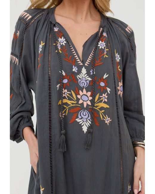 Raffya Gray Elisa Kaftan Style Embroidered Maxi Dress