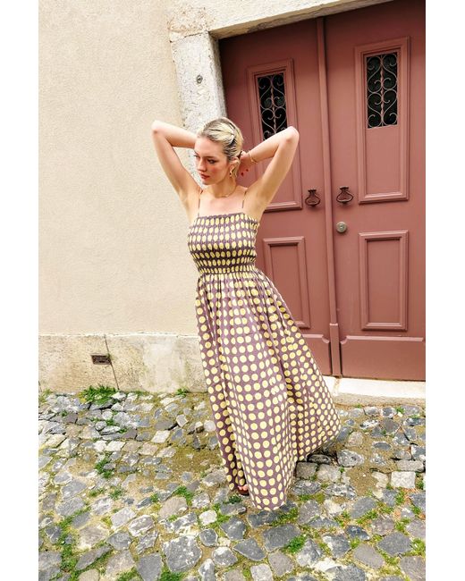 Amy Lynn Natural Darcy & Aubergine Contrast Polka Dot Smocked Midi Dress