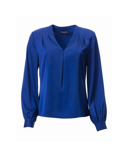 Carloslines Blue V-Neck Pleat Detail Balloon Long Sleeve Blouse