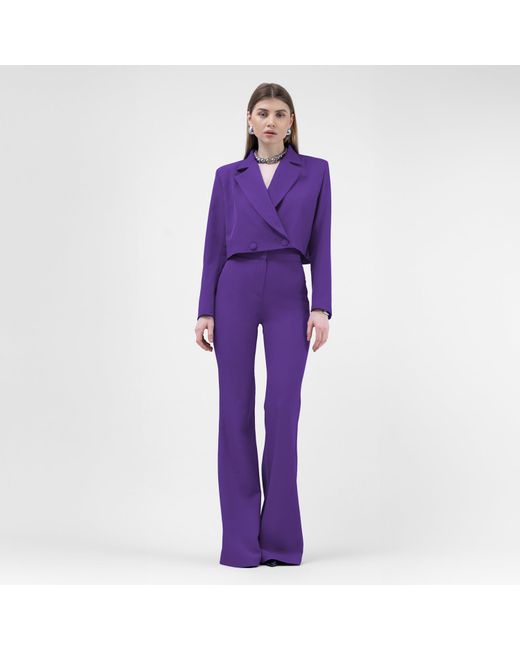 BLUZAT Deep Purple Suit With Cropped Blazer And Flared Trousers
