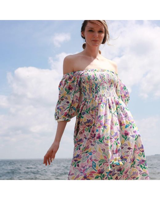 Jessie Zhao New York Blue Garden Smocked Cotton Silk Dress