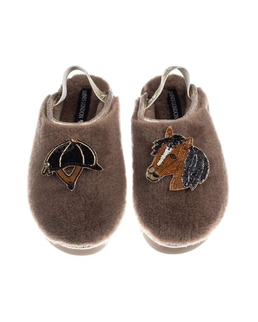 Laines London Brown Neutrals Flatform Cloud Closed Toe Slippers With Riding Hat & Horse Brooches