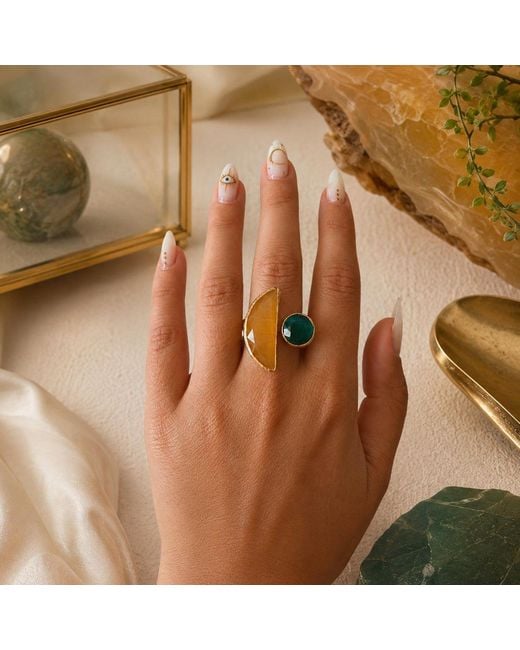 By Ozge Yellow Golden Balance Honey Chalcedony & Onyx Plated Adjustable Ring