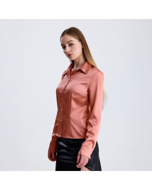 Maan Istanbul Pink Slim Fit Satin Dusty Rose Shirt