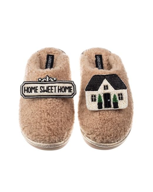 Laines London Brown Neutrals Teddy Closed Toe Slippers With Home Sweet Home Brooches