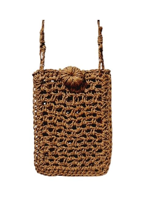 Springmoonatelier Brown Knitted Button Raffia Phone Case Bag