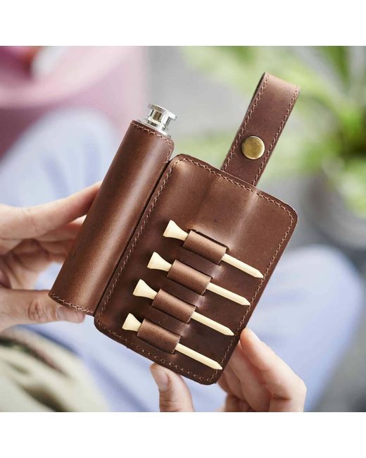 VIDA VIDA Brown Tan Leather Golf Tee Holder & Hip Flask for men