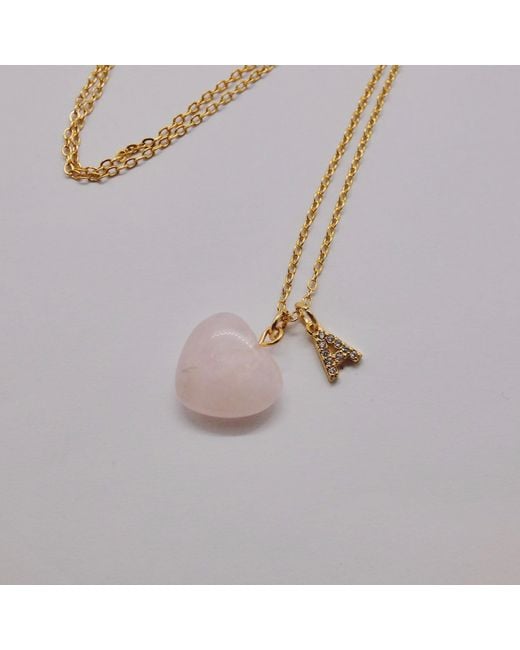 VALERIE CHIC Pink Initial Letter Heart Rose Quartz Necklace