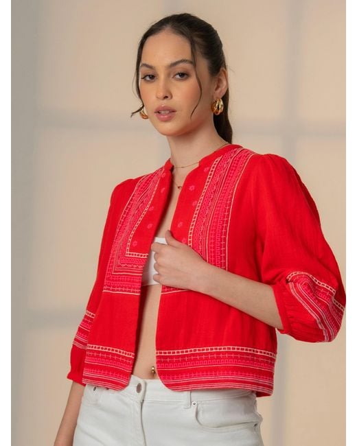 Rose & Nancy Florence Coral Embroidered Easy Throw-On Cotton Jacket